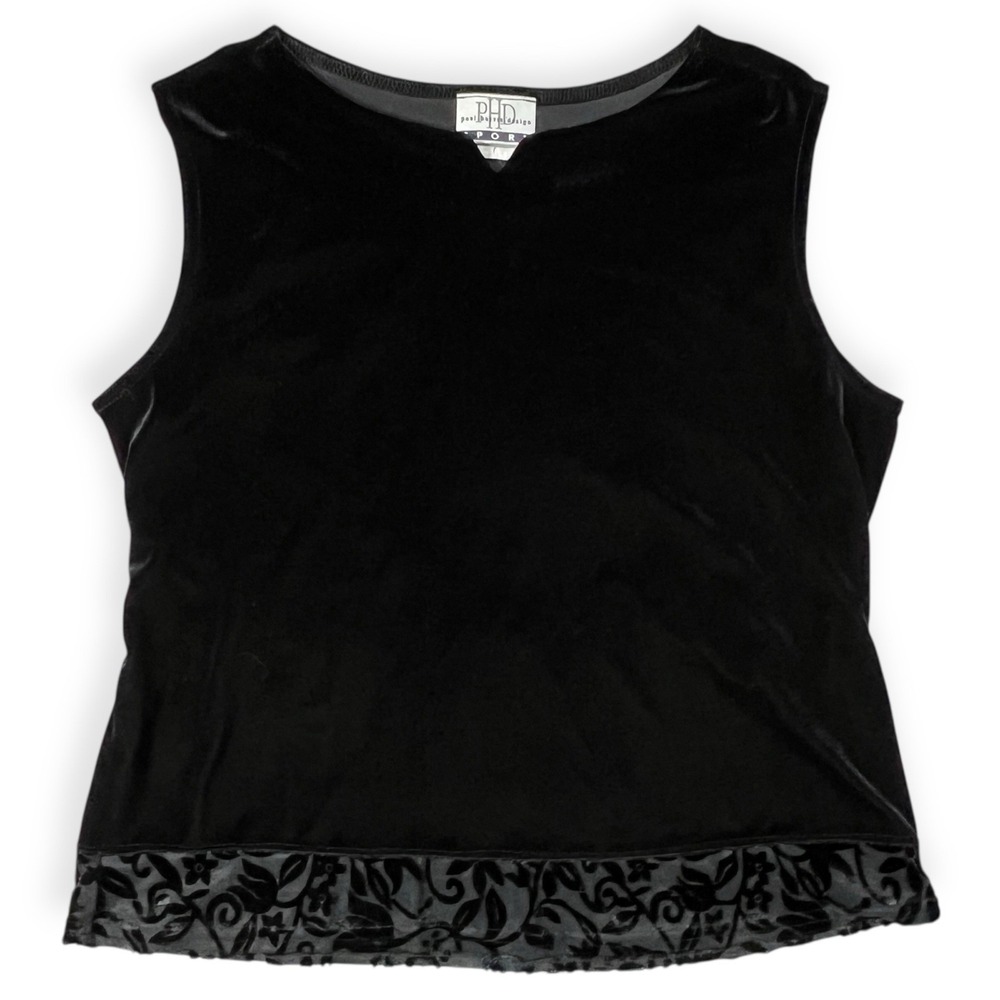 Vtg Black Velvet Burnout Hem Sleeveless‎ Tank Top Sz Large Dark Office Siren USA